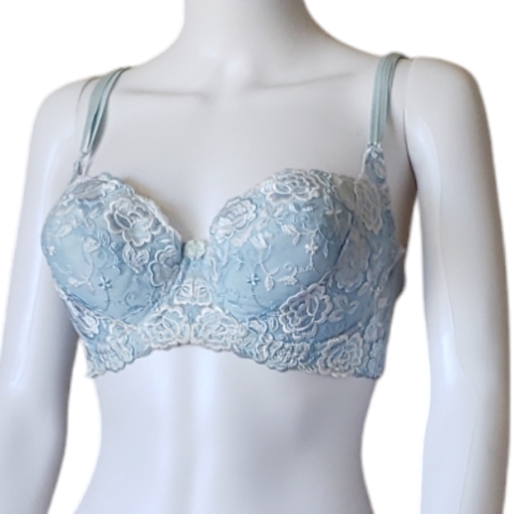 Light Blue & White Lace Push Up Bra Size F 85 - Picture 2 of 13